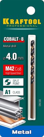 Сверло по металлу COBALT HSS-Co 8% сталь М42 4.0 х75мм KRAFTOOL 29656-4