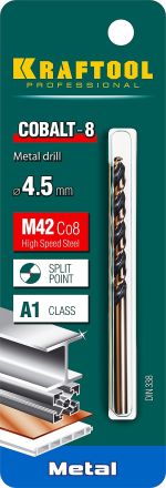 Сверло по металлу COBALT HSS-Co 8% сталь М42 4.5 х80мм KRAFTOOL 29656-4.5