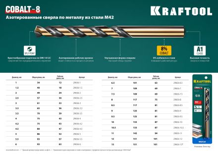 Сверло по металлу COBALT HSS-Co 8% сталь М42 4.5 х80мм KRAFTOOL 29656-4.5