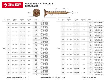 Шурупы  по дереву желтопассивированные ЗУБР МАСТЕР 5.0x120 мм 500 шт 4-300390-50-120
