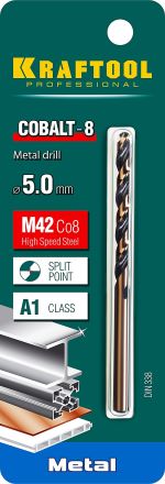 Сверло по металлу COBALT HSS-Co 8% сталь М42 5.0 х86мм KRAFTOOL 29656-5
