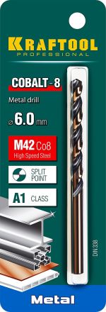 Сверло по металлу COBALT HSS-Co 8% сталь М42 6.0 х93мм KRAFTOOL 29656-6