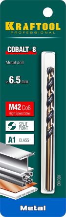 Сверло по металлу COBALT HSS-Co 8% сталь М42 6.5 х109 мм KRAFTOOL 29656-6.5
