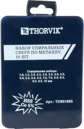 Набор кобальтовых сверл по металлу HSS-CO 1-10 мм 19 шт THORVIK TDBS19K5 52898