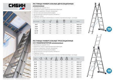 Лестница универсальная трехсекционная СИБИН со стабилизатором 14 ступеней 38833-14