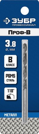 Сверло по металлу ПРОФ-В 3.8х75 мм класс В ЗУБР 29621-3.8
