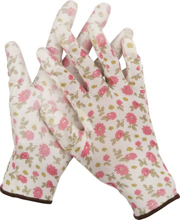 Перчатки садовые прозрачные GRINDA PU покрытие 13 класс бело-розовые L 11291-L