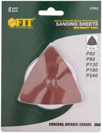 Листы шлифовальные треугольные на тканевой основе 80мм 5шт FIT 37953
