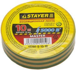Изолента желто-зеленая STAYER MASTER ПВХ 5000 В 15 мм х 10м 12291-S-15-10