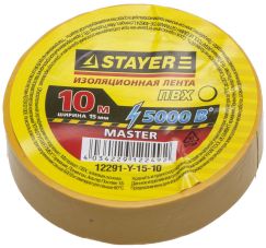 Изолента желтая STAYER MASTER ПВХ 5000 В 15 мм х 10м 12291-Y-15-10