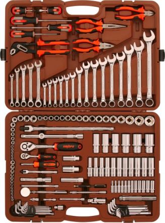 Универсальный набор инструмента торцевые головки 1/4&quot;, 3/8&quot;, 1/2&quot; 4-32 мм Е4-Е18, комбинированные ключи 8-24 мм 141 предмет OMT141S OMBRA 55462