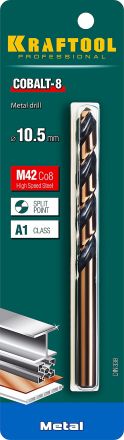 Сверло по металлу COBALT HSS-Co(8%) сталь М42 10.5 х133мм KRAFTOOL 29656-10.5