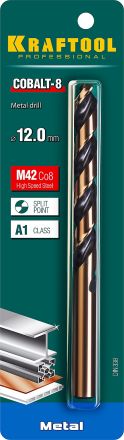 Сверло по металлу COBALT HSS-Co(8%) сталь М42 12.0 х151мм KRAFTOOL 29656-12