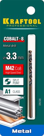 Сверло по металлу COBALT HSS-Co(8%) сталь М42 3.3 х65мм KRAFTOOL 29656-3.3